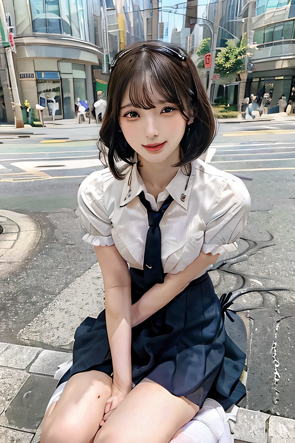((1 Female、Full Body Shot、Photograph her everything、Perfect Anatomy))、Iris、Korean School Uniform、Summer uniform shirt、Ribbon tie、Checked mini skirt、Light brown hair、School stairs、School stairsを下りる、Chest thrust pose、Breast-revealing pose、8K RAW Photos、High resolution、Cool Korean 16 year old、Very large round breasts、Beautiful eyes in every detail、Long eyelashes、Beautiful double eyelids、eye shadow、Eyeliner、Narrow eyes、Elongated eye shape、Three white eyes、Wicked Smile、Evil look、beautifully、Very thin legal and very thin thighs,、Random short medium hair、Tie your hair behind your head、Earrings、((Stretch one leg forward))、White School Socks Crown Loafers