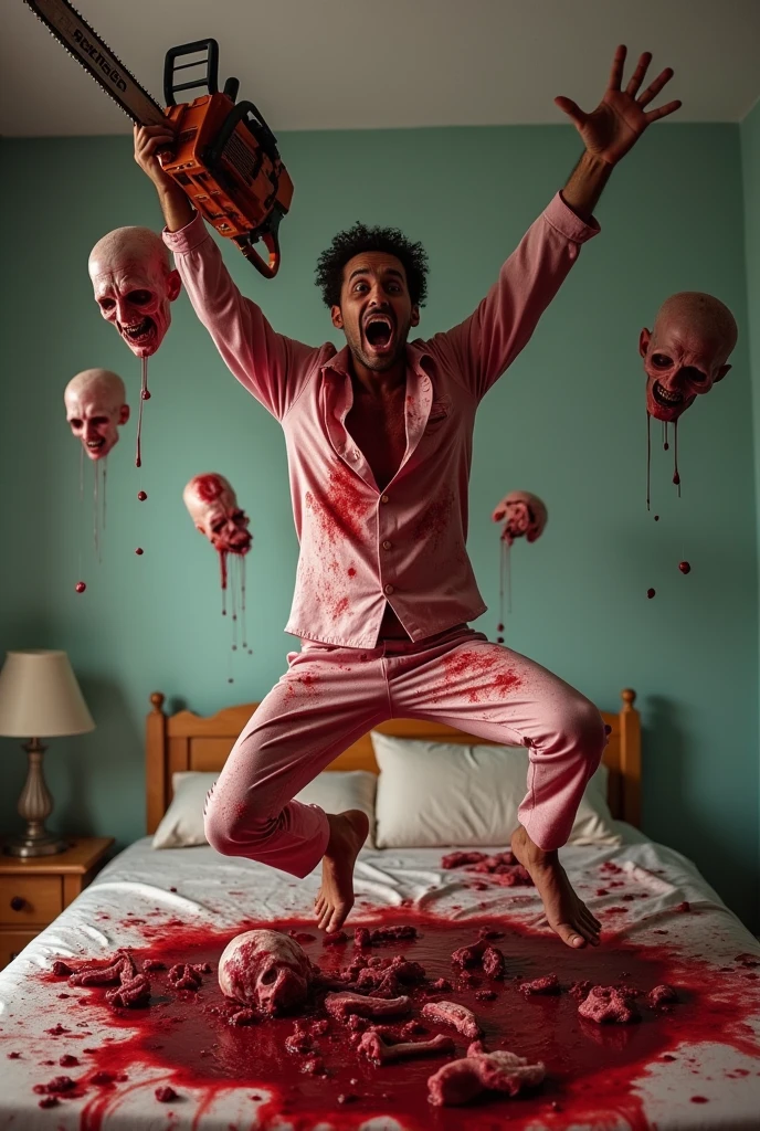 in pajamas full of blood, jumping with bloody chainsaw in bed, crazy, screaming. Some heads and arms can be seen in the air. The bed is full of guts.