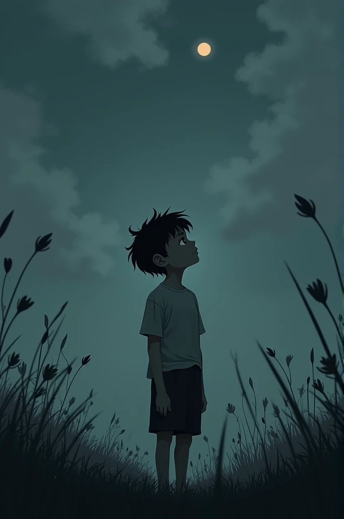 Sad image of alone boy in a dark colour from the dawn of the day looking looking the cloud body of the boy is dark