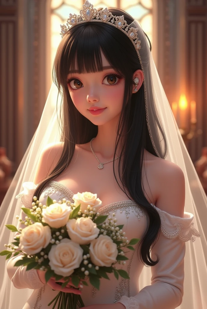 (masterpiece:1.3), (best quality:1.2), very aesthetic, (ultra high resolution:1.2), (extremely details:1.2), (intricate detailed:1.3), realistic, ray tracing, volumetric lighting, ambient occlusion, beautiful artwork, 3DCG, depth of field, 1girl, (holding bouquet:1.1), milf, solo, detailed beautiful face, detailed beautiful black eyes, black hair, straight long hair, blunt bangs, detailed beautiful oily skin, plump, (gigantic breasts:1.4), (sagging breasts:1.2), ruanyi0261, off-shoulder dress, pearl \(gemstone\), tiara, veil, silk, wedding dress, indoors, chapel, stained glass, torch, bridal ceremony, 