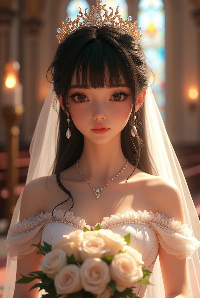 (masterpiece:1.3), (best quality:1.2), very aesthetic, (ultra high resolution:1.2), (extremely details:1.2), (intricate detailed:1.3), realistic, ray tracing, volumetric lighting, ambient occlusion, beautiful artwork, 3DCG, depth of field, 1girl, (holding bouquet:1.1), milf, solo, detailed beautiful face, detailed beautiful black eyes, black hair, straight long hair, blunt bangs, detailed beautiful oily skin, plump, (gigantic breasts:1.4), (sagging breasts:1.2), ruanyi0261, off-shoulder dress, pearl \(gemstone\), tiara, veil, silk, wedding dress, indoors, chapel, stained glass, torch, bridal ceremony, 