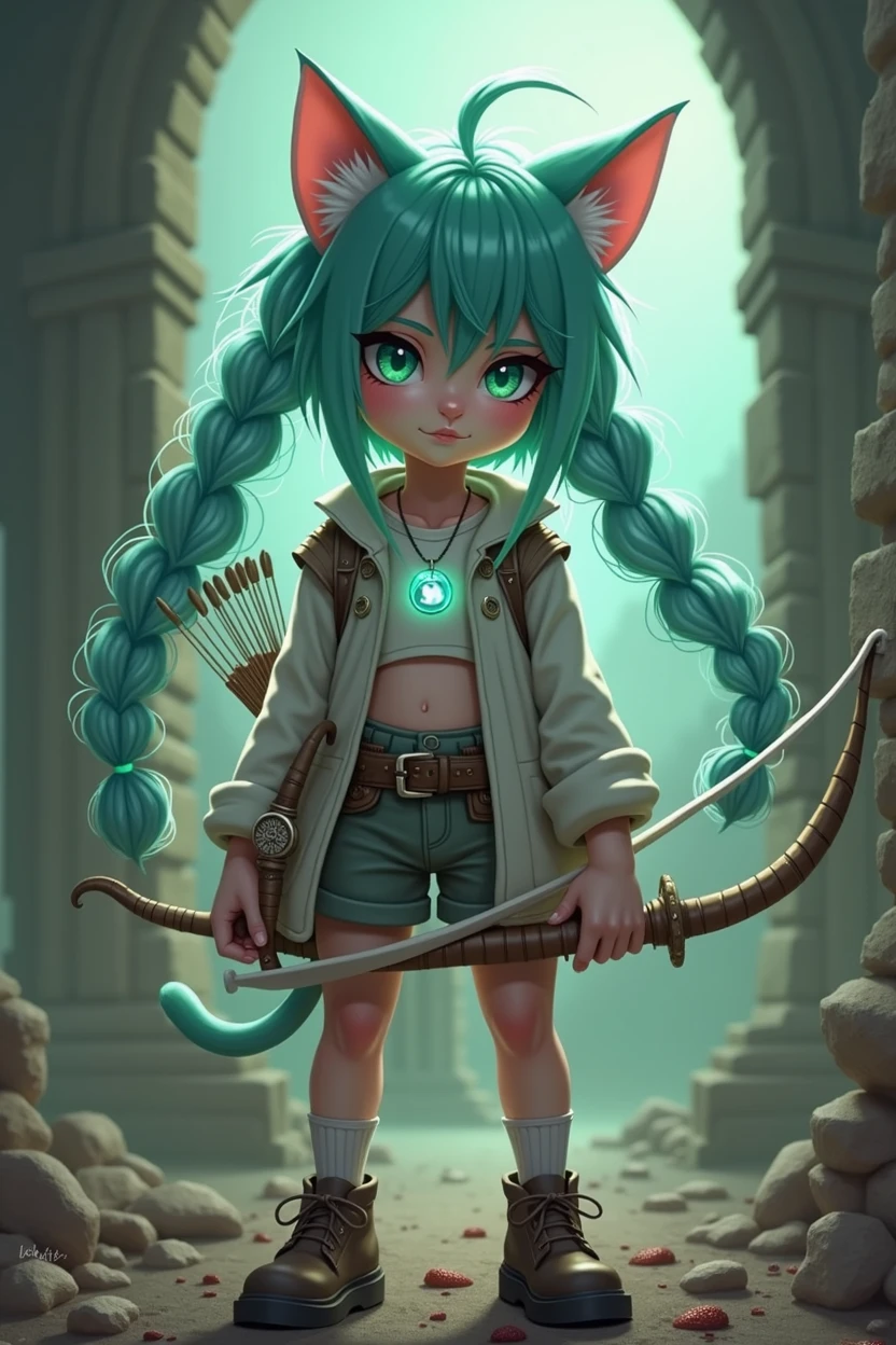 ((Best Quality)), ((masterpiece)), (detailed), (original), (realist), chica pelo lacio verde glow, medium green eyes, cat ears, soft smooth skin, small mouth, pink, glow, Whole body, shorts, White shirt, cyan pendant, leather shoes, transparent stockings, zodiac, survivor, ruins background, textura refinada glow, bow and arrow costume, mixed clothing, blue locks,