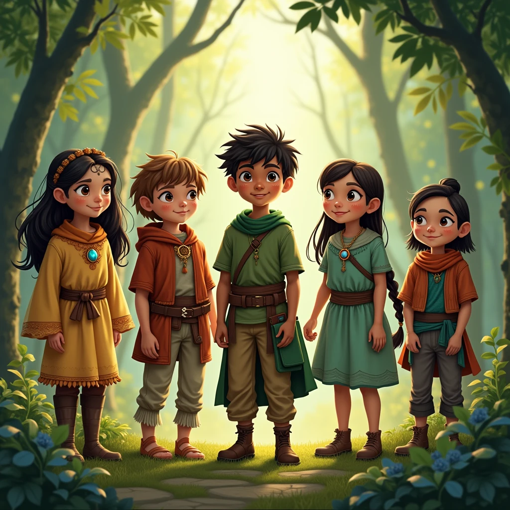 A group of 5 children (A spirited young girl from the Sunstone Tribe,  A calm and wise boy from the Moonshadow Clan, A young girl from the Sky wind Nomads, who can communicate with animals, A young boy from the Earthbound Village, known for his strength and connection to the earth.  A young girl with a physical disability from the Starflower Meadows, who uses her inventive mind and a magical wheelchair to navigate the world). All these children were standing in a lush, enchanted forest. Each child has unique features and attire that reflect their heritage and abilities.