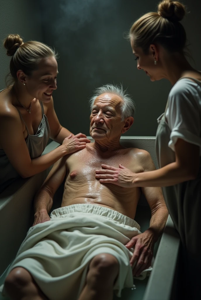 Real image of old man bathing by attendants 