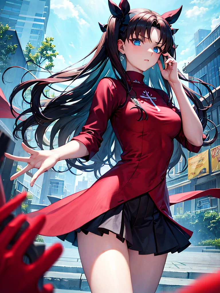 Rin Tohsaka, she is standing looking at the viewer playing with a lock of her hair, your face flushed very excited, fully body, work of art, top quality picture, super resolution, High definition, 4K, full hd, well defined and detailed image in the smallest details