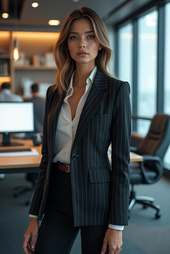 Create a professional in the administration area of an innovation and technology company, with creative clothing that expresses your style of innovation without leaving aside the formality of a management position 
