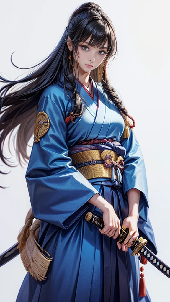 Cowboy Shot、((White Background))、One Woman、Very beautiful woman、Thin eyebrows、Round face、Watery eye、(warrior:1.2)、(Detailed face)、Realistic Skin、((Delicate photo)),(Girl Astepeace RAW Photo Details:1.2), Highest quality, Ultra-high resolution, 8k resolution, Absurd, Very detailed,Cinema Lighting,(Sengoku period)、((Long hair with bangs))、(A Japanese sword too long to fit on screen)、(Gripping the handle of a Japanese sword with one hand:1.3)、In combat、The wind is blowing、kimono, (Draw a Japanese sword from its sheath in one go), (艶のある黒色のkimono) 、((Black Hakama)), (Holding the scabbard of a Japanese sword with one hand:1.3) ,Shining blade close up