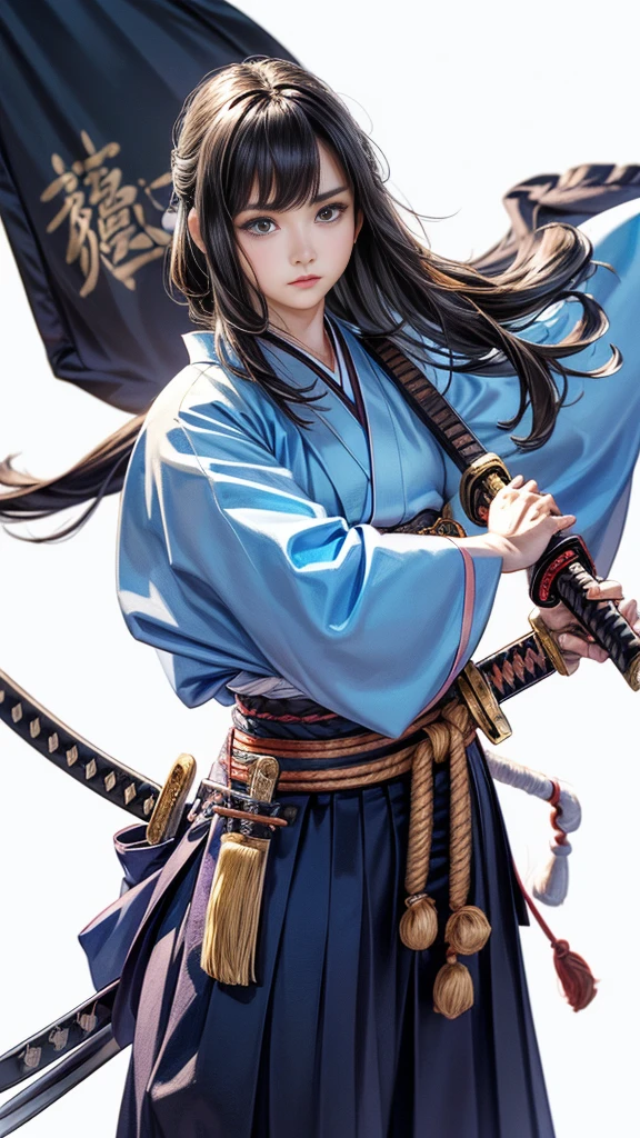 Cowboy Shot、((White Background))、One Woman、Very beautiful woman、Thin eyebrows、Round face、Watery eye、(warrior:1.2)、(Detailed face)、Realistic Skin、((Delicate photo)),(Girl Astepeace RAW Photo Details:1.2), Highest quality, Ultra-high resolution, 8k resolution, Absurd, Very detailed,Cinema Lighting,(Sengoku period)、((Long hair with bangs))、(A Japanese sword too long to fit on screen)、(Gripping the handle of a Japanese sword with one hand:1.3)、In combat、The wind is blowing、kimono, (Draw a Japanese sword from its sheath in one go), (艶のある黒色のkimono) 、((Black Hakama)), (Holding the scabbard of a Japanese sword with one hand:1.3) ,Shining blade close up