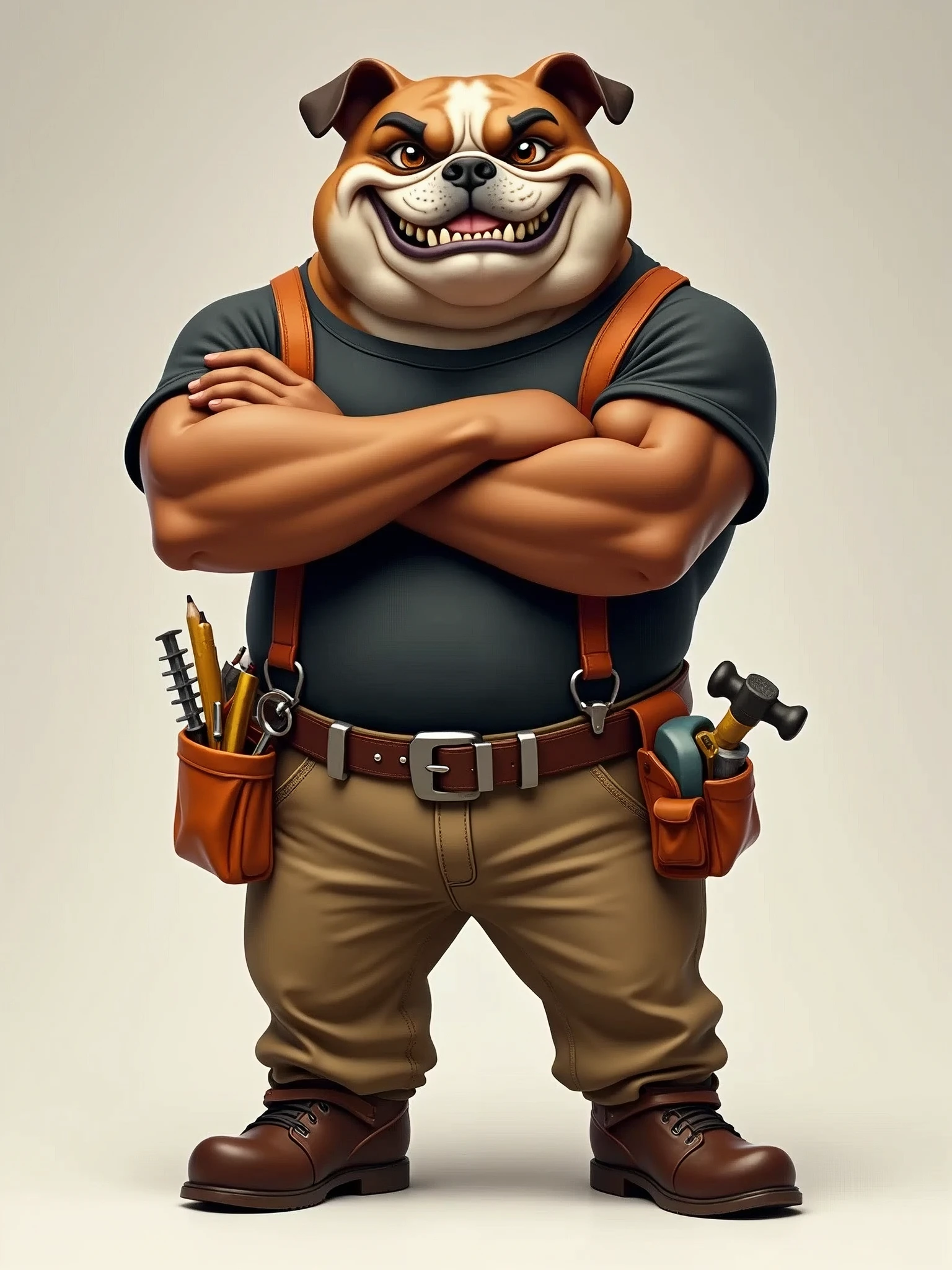 A semi-muscular, masculine and anthropomorphic bulldog with a confident posture and strong behavior. His arms are crossed in front of him. He has a dark brown coat with a slightly darker brown snout, inner ears and arms. He has a confident smile and two fang teeth coming out of his slight bite. His eyes are expressive with a determined look, and he has a black nose. He is dressed in a black T-shirt, tanned pants and small brown boots. He also uses orange suspenders and a tool belt equipped only with a pencil, a screwdriver, a tape measure and a flashlight. In one hand is a hammer in the other a toy bone. No other tools in the photo.