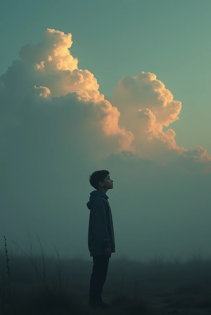 Sad image of alone boy in a dark colour from the dawn of the day looking looking the cloud body of the boy is dark realistic 8k