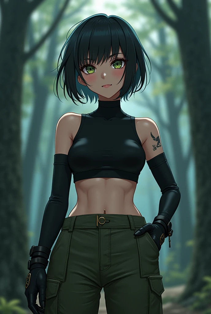 Anime girl, short black hair, jellyfish hair-cut, olive-green eyes, black tight fitting crop-top, olive-green parachute pants, black combat boots, dark forest background