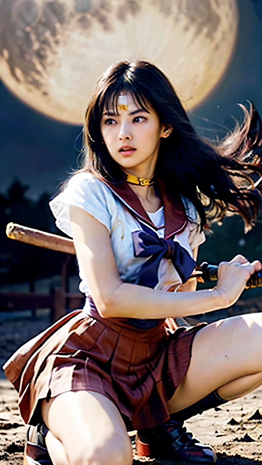 masterpiece、high quality、High resolution、Realistic、professional lighting、Japanese、woman、young、White skin、sweaty skin、Wet、athletic、Toned Muscles、Sailor Mars、rei hino、Long black hair, Parted bangs, Purple eyes, Sailor Warrior Uniforms, Star Choker, Red sailor color, Purple ribbon on chest, White leotard, Red pleated skirt, mini skirt, Red High Heels, White elbow gloves, japanese sword、battoujutsu stance,weapon、Combat Ready、(((There was blood on my face)))、(((There was blood on my clothes)))、A lot of blood splatter、bleed、Bleeding、Has a bandage on his arm、Torn clothes、Muddy、Dirt all over the body、wasteland、(((moon night)))、whole body、Anatomically correct