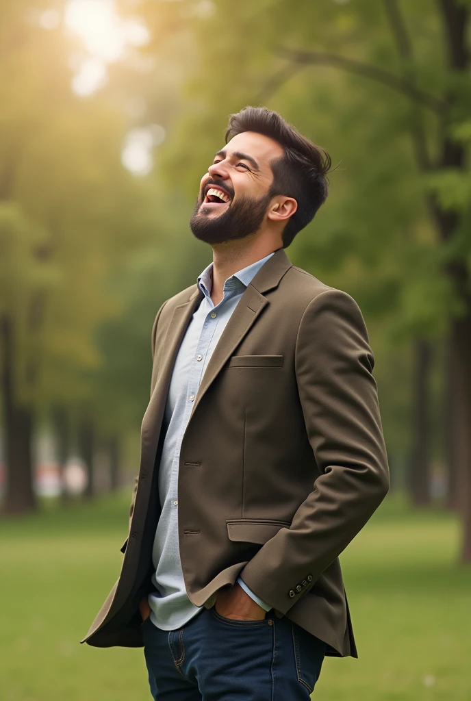 a standing man laughing,1man,detailed face expression,happy,broad smile,standing full body pose,outdoors,natural lighting,vibrant colors,cinematic lighting,realistic,photorealistic,photo-realistic:1.37,best quality,8k,highres,masterpiece:1.2,ultra-detailed,professional