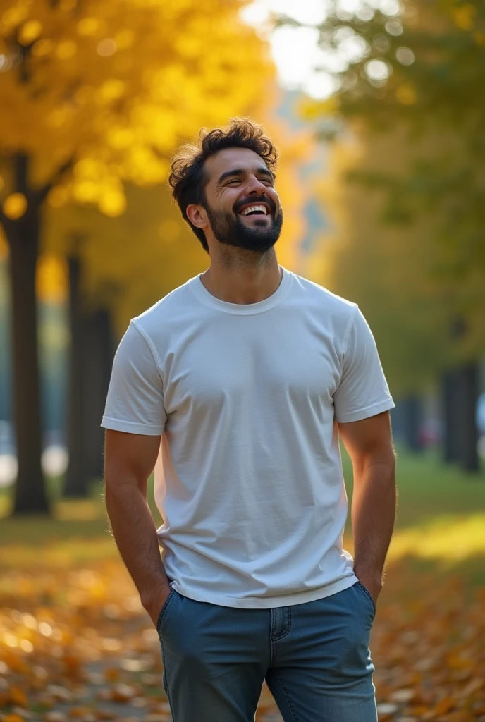 a standing man laughing,1man,detailed face expression,happy,broad smile,standing full body pose,outdoors,natural lighting,vibrant colors,cinematic lighting,realistic,photorealistic,photo-realistic:1.37,best quality,8k,highres,masterpiece:1.2,ultra-detailed,professional