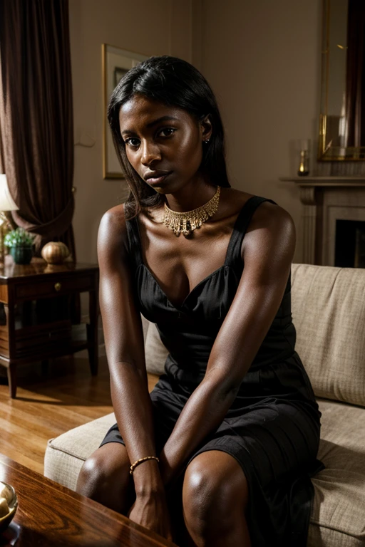 woman, middle east features, dark skin, arms crossed, feminine small hands, real color photograph, living room, close