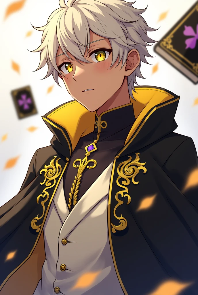 create an anime style character/manga black clover, must be a male character, yellow eyes, Your magic is linked to gravity so you can put something that reminds you of that,ele deve ter cabelos offwhites, an outfit with the colors black, offwhite, rock and yellow, Your skin is brown, your look may be a tired look, he must be wearing the cloak/cover of the black bulls from the anime black clover, next to it make a grimoire, the colors of the grimoire must be black, amarelo e roxo, having a 4 leaf clover