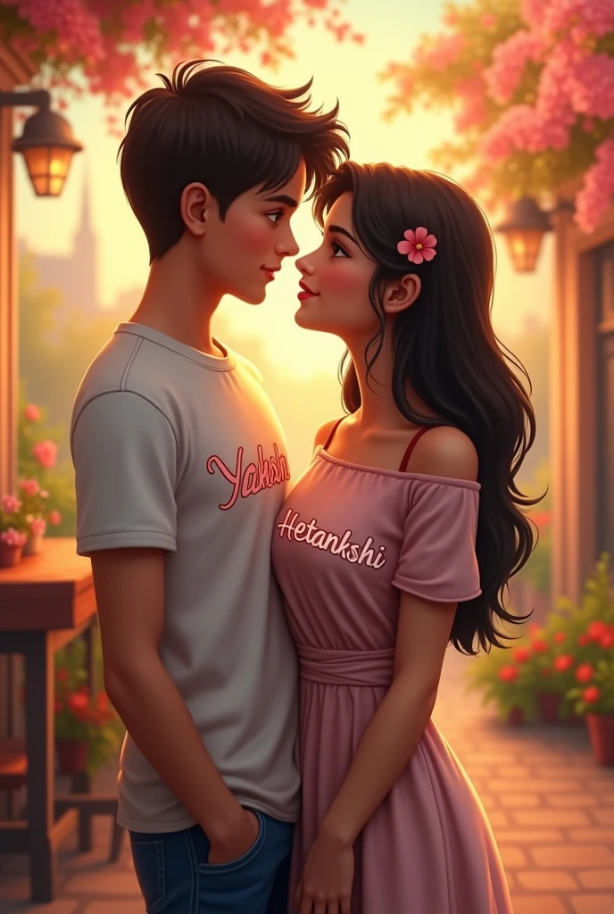 Generate an image of a teenage couple on which the name Yaksh on boy shirt must be written and the name Hetankshi on girl dress must be written.