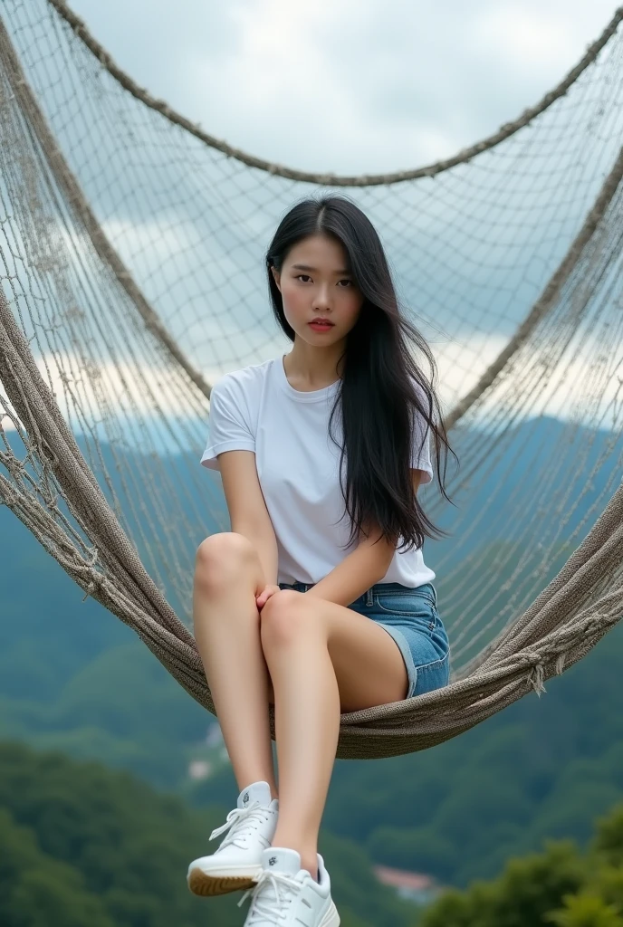 ((best quality)), ((masterpiece)), (detailed),profesional potrait In the image, there is an asian woman with long black hair, wearing a white t-shirt, denim shorts, and white New Balance shoes, sitting on a large net suspended above a beautiful landscape. The net appears to be part of an outdoor relaxation or viewing area, with a view of hills and cloudy skies in the background. The setting is interesting because it combines a man-made structure with the natural environment, offering a place to relax or reflect while immersed in nature.
