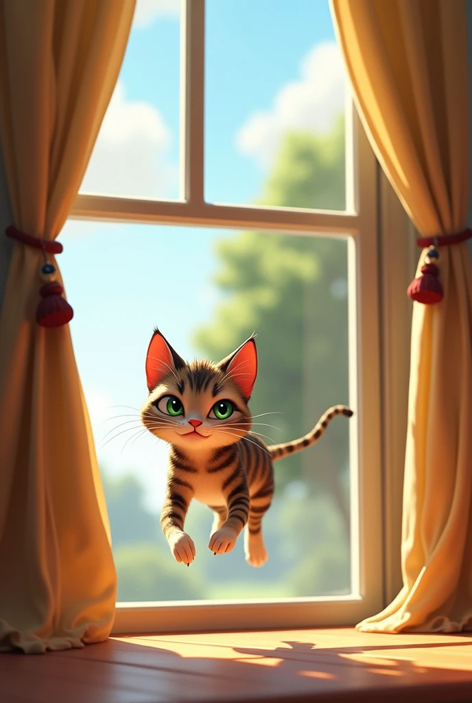Whiskers, mid-leap out of an open window, glances back with a guilty expression. The scene should convey a sense of urgency, with the window curtains slightly fluttering and a view of the outside, indicating her hasty escape.
