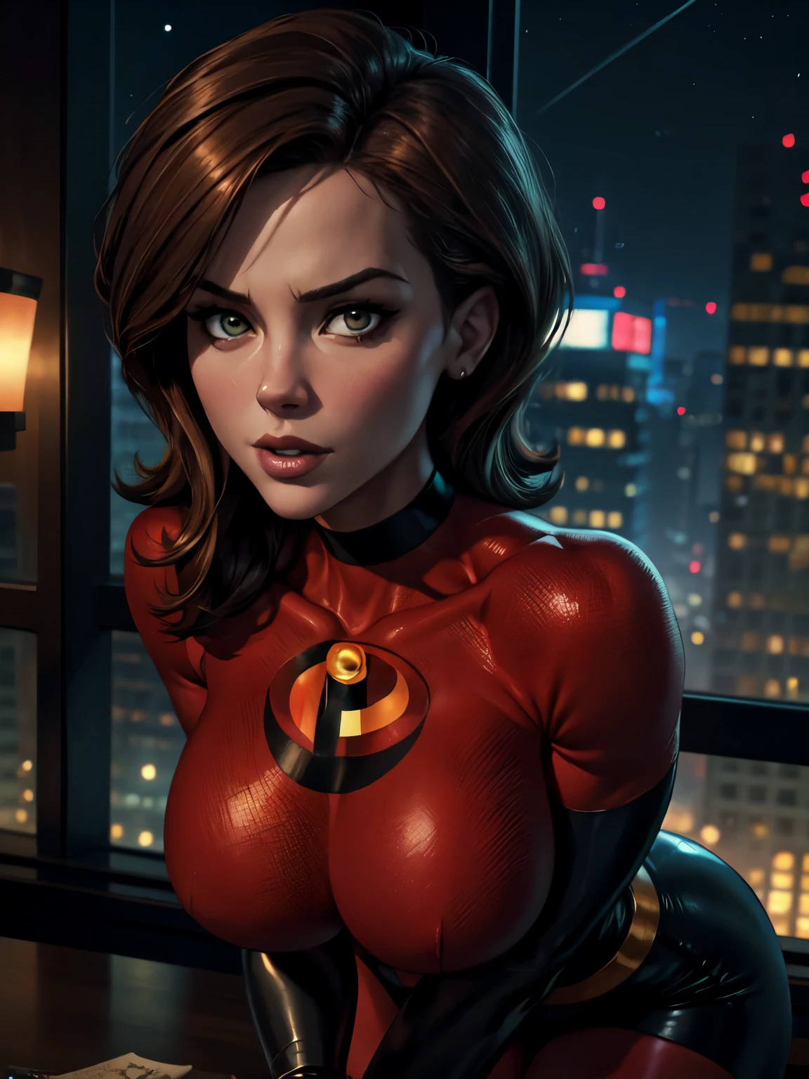 masterpiece, best quality, 4k, detailed, intricate, realistic),fan convinces his favorite super heroine to suck his massive cock, tight superhero costume, mask, night, skyscraper, helenparr,sexy costume, detailed face, city, detailed body, Intricate, High Detail, Sharp focus, studio lighting, detailed, detailed face, detailed eyes, sexy, Helen Parr, normal body, fair skin, green eyes, playful, Kate Beckinsale, naughty
