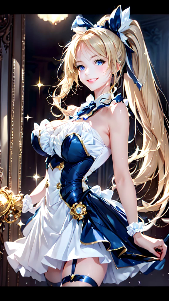One girl, solo, Long Hair, High resolution, smile, blue eyes, Blonde, ponytail, ribbon hair accessories, Sparkle Effect, Antique furniture、null
