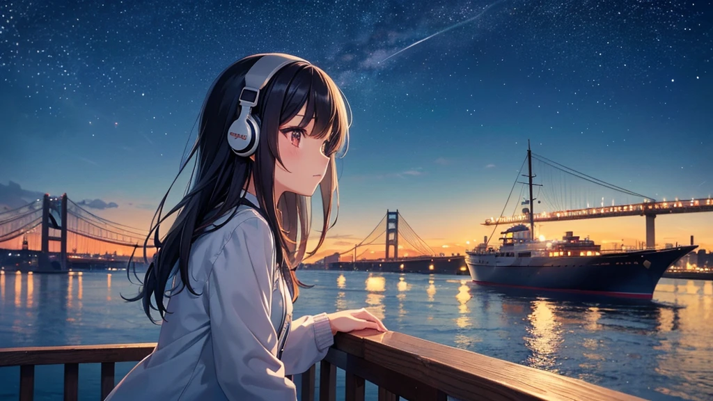 Enjoy boat racing at Suminoe Boat Races。A young girl with black hair wearing stylish clothes and headphones labeled "lo-fi" The girl is shown in profile, gazing into the distance with a calm, relaxed expression Background depicts the iconic scenery of Namba, Osaka at night, without any text on signs A starry night sky adding to the peaceful atmosphere Overall mood is quiet and serene, perfect for lo-fi music Detailed hair rendering and careful attention to the girl's fashionable outfit The entire scene should evoke a relaxing, introspective feeling associated with lo-fi music