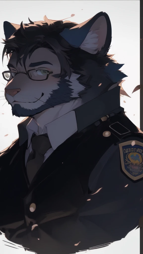 barrel(live a hero), (soft shading), 4k, hi res, ((detailed face, detailed eyes, detailed)), (full body), by zackarry911, by zaush, (by personalami:0.5), mature male, bara, muscular male, muscular, (pose), tokyo \(city\), street,solo, looking at viewer, smile, shirt, gloves, 1boy, hat, weapon, male focus, cowboy shot, black gloves, pants, fingerless gloves, uniform, feet out of frame, bulge, blue pants, police, police uniform, (police hat), (tail), wolf tail, police station