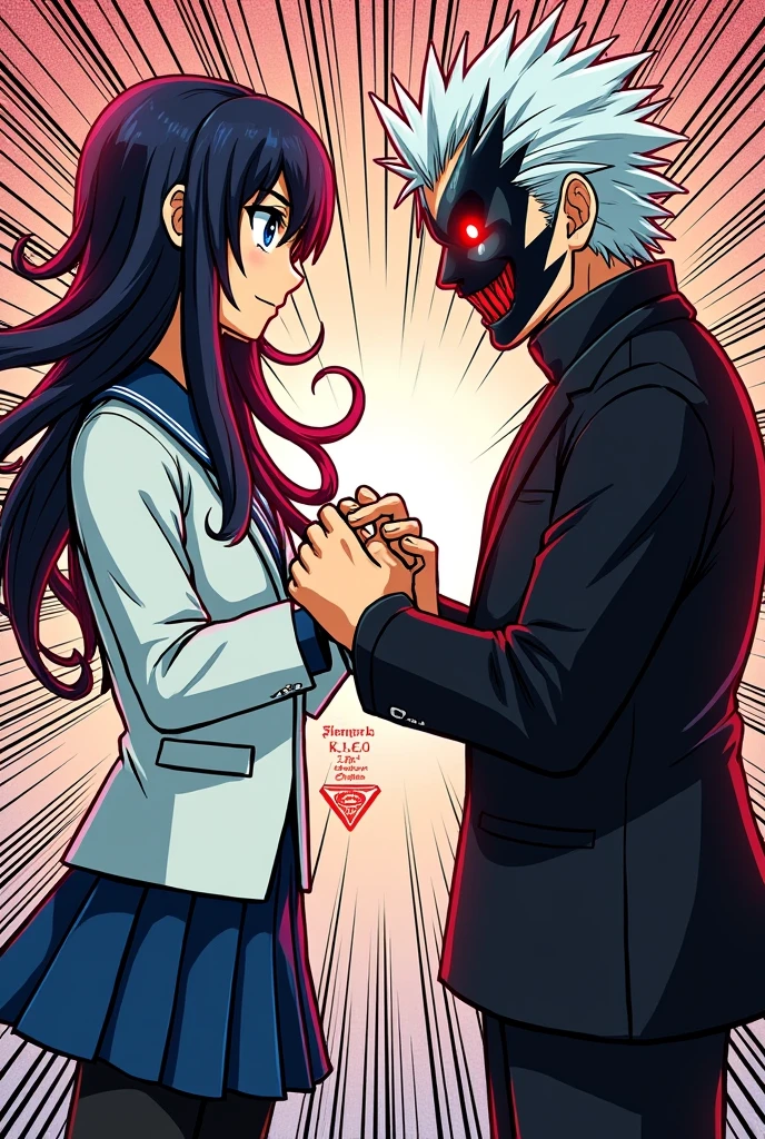 Gojo and sukuna itadori version
 holding hands peace manga style 

