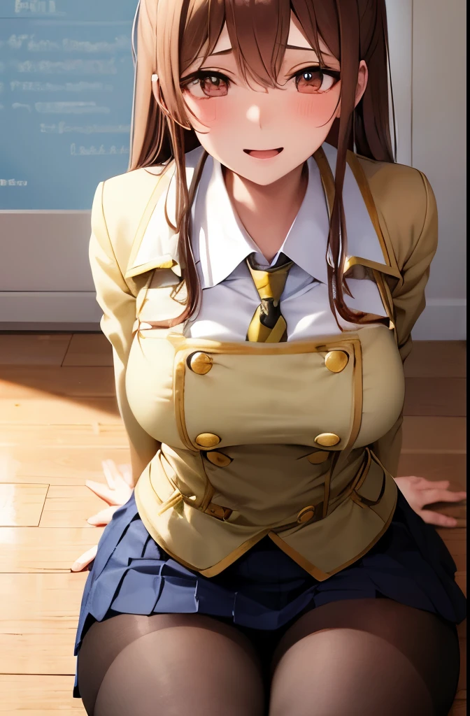 (((ultra-ditailed))),A schoolgirl with brown hair and brown eyes is wearing a schoolgirl uniform.、She has E cup breasts and thighs.、Sitting on a chair with legs spread wide,((Full body image)),Perfect body,Anatomically correct body,Beautiful fingertips,Perfect Face,Moist eyes,Embarrassed smile,classroom,((Beautiful eyes like jewels)),Pose like an idol