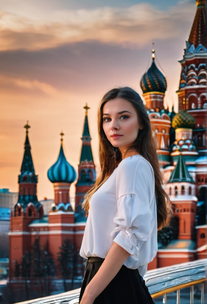 Russian girl beautiful in Moscow in front of St. Basil&#39;s Cathedral.