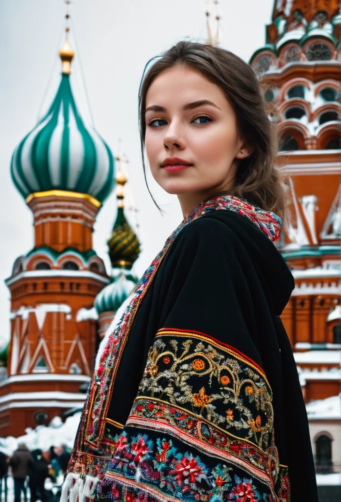 Russian girl beautiful in Moscow in front of St. Basil&#39;s Cathedral.