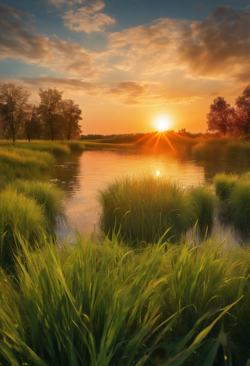 (best quality,4k,highres,ultra-detailed,photo-realistic:1.2),a beautiful landscape portraying the 5 elements,[blue water,red fire,green grass,ice white,light green grass],varying shades of these colors bring life and harmony to the scene,impressive lighting that accentuates the elements,physical materials combined with digitally enhanced effects,realistic portrayal of water ripples and reflections detail,crackling flames and dancing fire in vivid red hues,intricate details of blades of grass with varying heights and shades,translucent ice structures with sharp edges and pristine white appearance,a serene atmosphere with a crystal-clear lake surrounded by lush green grass,gentle breeze causing the grass to sway,sunlight casting its golden glow upon the landscape,creating a magical atmosphere that reflects the harmony of the elements.