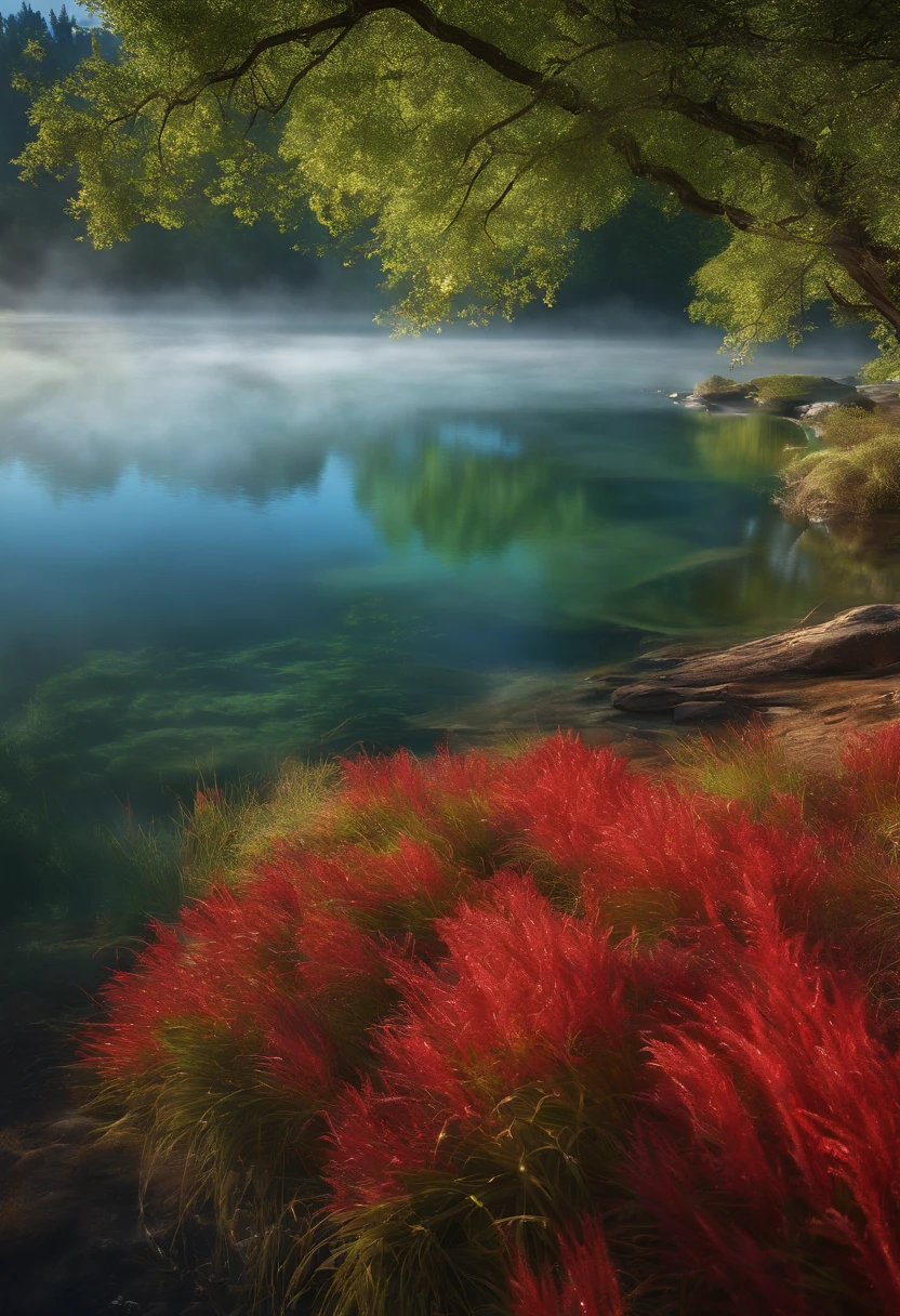 (best quality,4k,highres,ultra-detailed,photo-realistic:1.2),a beautiful landscape portraying the 5 elements,[blue water,red fire,green grass,ice white,light green grass],varying shades of these colors bring life and harmony to the scene,impressive lighting that accentuates the elements,physical materials combined with digitally enhanced effects,realistic portrayal of water ripples and reflections detail,crackling flames and dancing fire in vivid red hues,intricate details of blades of grass with varying heights and shades,translucent ice structures with sharp edges and pristine white appearance,a serene atmosphere with a crystal-clear lake surrounded by lush green grass,gentle breeze causing the grass to sway,sunlight casting its golden glow upon the landscape,creating a magical atmosphere that reflects the harmony of the elements.