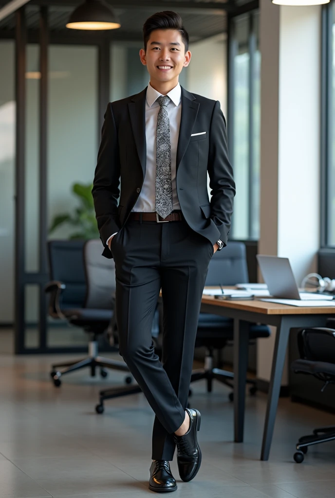 Create a professional in the administration area of an innovation and technology company, with creative clothing that expresses your innovative style, seriousness and creativity without leaving aside the formality of a management position