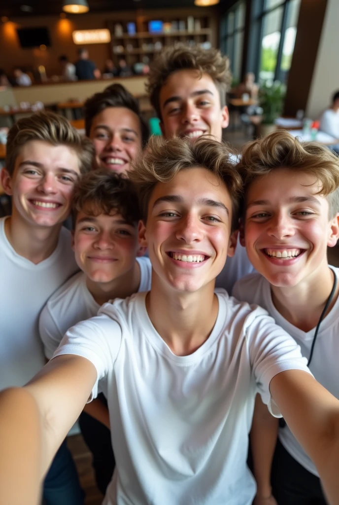 6 boys friend taking selfy in resrorent the selfy boy were plane white t shirt with headphones on neck