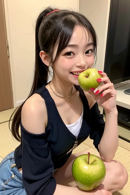 1 girl, very cute, japanese idol, young skinny, pony tail, happy smile, sitting, licking 1 banana and 1 apple,