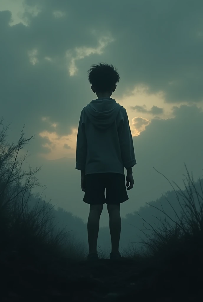 Sad image of alone boy in a dark colour from the dawn of the day looking looking the cloud body of the boy is dark realistic 8k ,not showing the face and body colour