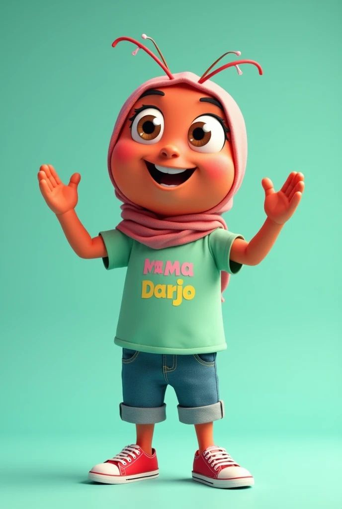 Create an 4D realistic animated character named [Darjo], designed to be the iconic mascot for Sidoarjo, in the style of cartoon pixar movie animation. [Darjo] is a 40 yo charming cute shrimp with a unique twist —he has human-like arms and legs. His large, round brown eyes are full of energy and friendliness, inviting everyone to engage with him. Darjo wears  full hijab, and a light green muslim Long sleeve T-shirt with the name "MAMA DARJO" proudly displayed across the chest, His feet are clad in bright red canvas sandals, adding a playful and youthful vibe to his appearance.  The overall design should exude warmth, approachability, and a sense of pride in representing the vibrant city of Sidoarjo. A cheerful cartoon Darjo character with pose  stands in a dynamic pose, make the character's hands clasped to indicate appreciation and respect for the audience. smile with the upper teeth only slightly visible. while its legs are clad in rolled-up denim pants and red sneakers. The background is a soft turquoise, enhancing the lively and playful vibe of the character.