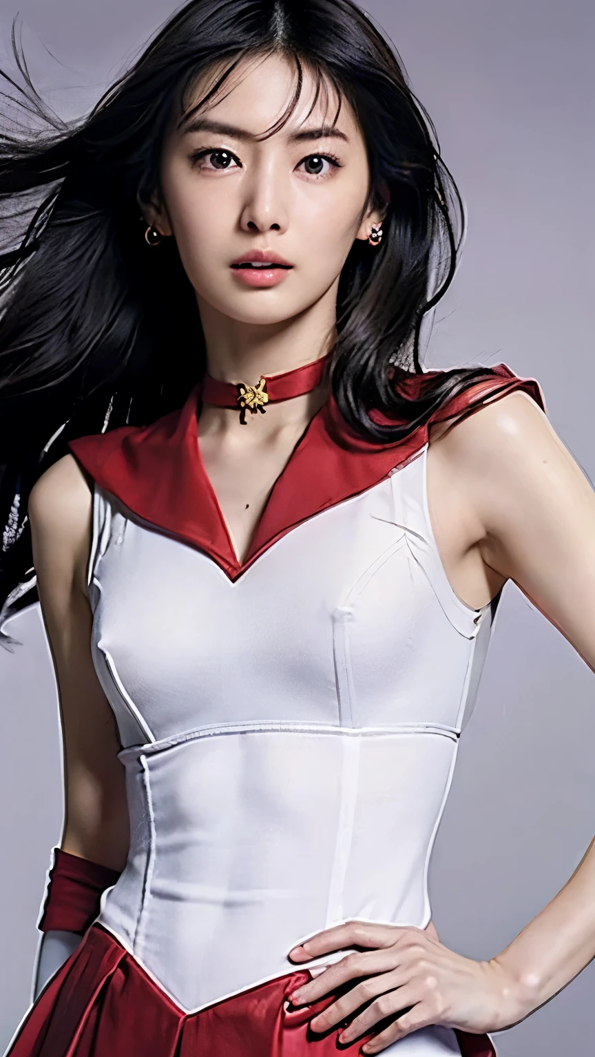 masterpiece、high quality、High resolution、Realistic、professional lighting、Japanese、woman、young、White skin、sweaty skin、Wet with sweat、Sailor Mars、rei hino、Long black hair, Parted bangs, Purple eyes, Sailor Warrior Uniforms, Star Choker, Red sailor color, Purple ribbon on chest, White leotard, Red pleated skirt, mini skirt, Red High Heels, White elbow gloves, sword、Combat Ready、(((There was blood on my face)))、(((There was blood on my clothes)))、A lot of blood splatter、bleed、Bleeding、Has a bandage on his arm、(((vampire)))、Torn clothes、Muddy、Dirt all over the body、wasteland、moon night、dark、whole body、Anatomically correct