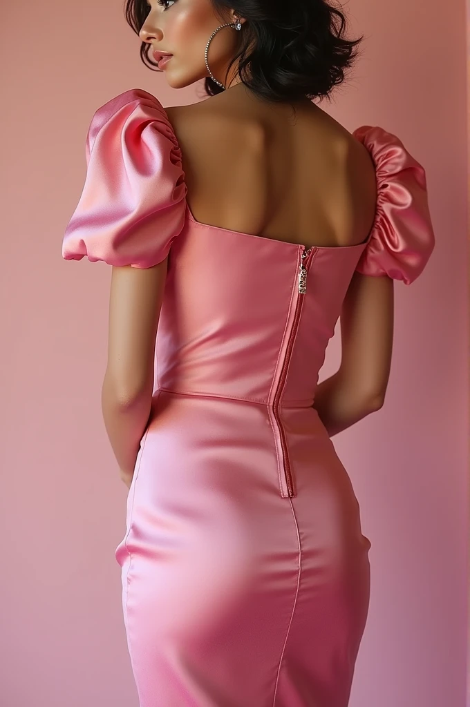 Pink bodycon satin dress short above the knee with princess sleeves