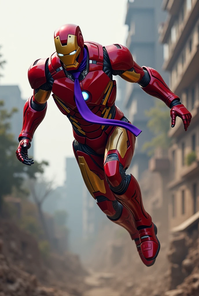 Clasic red Ironmen suit with purple tie, flying, playing airsoft 