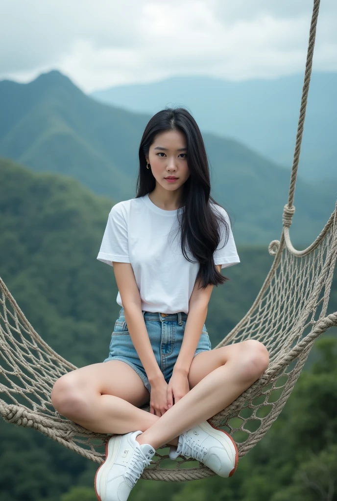 ((best quality)), ((masterpiece)), (detailed),profesional potrait In the image, there is an asian woman with long black hair, wearing a white t-shirt, denim shorts, and white New Balance shoes, sitting on a large net suspended above a beautiful landscape. The net appears to be part of an outdoor relaxation or viewing area, with a view of hills and cloudy skies in the background. The setting is interesting because it combines a man-made structure with the natural environment, offering a place to relax or reflect while immersed in nature.