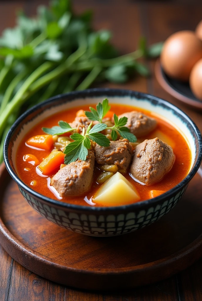 Lagak Soup: It is a traditional Elustan soup., especially popular during the cold winter months. This dish has tender rabbit meat as the main ingredient., stewed with many kinds of vegetables, herbs and spices. Meat is usually stewed until it is flavorful and easily shredded., create rich quality, nutritious for broth. Các thành phần bổ sung phổ biến bao gồm cà rốt, potatoes and onions, Helps absorb the delicious flavors of meat and spices. Lagak is known for its nourishing and pleasant properties., khiến nó trở thành món ăn chính trong ẩm thực mùa đông Elustan.