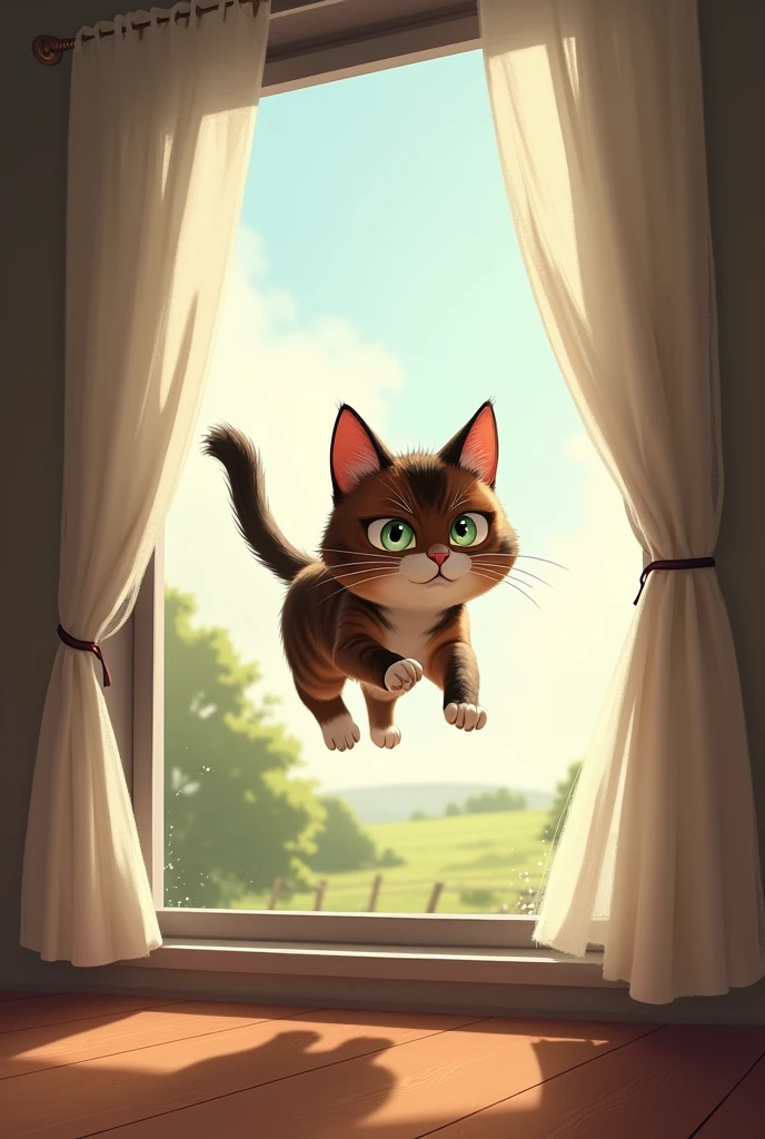 Whiskers, mid-leap out of an open window, glances back with a guilty expression. The scene should convey a sense of urgency, with the window curtains slightly fluttering and a view of the outside, indicating her hasty escape.