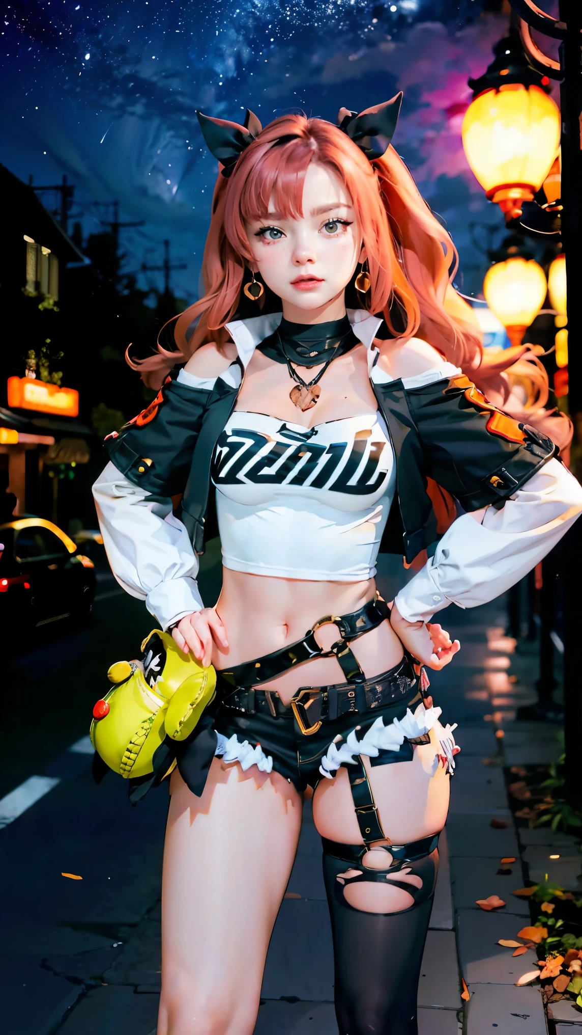 masterpiece, best quality, ultra-detailed, extremely detailed,illustration, 1girl, nicole demara, hair ribbon, hairclip, earrings, black collar, tube top, single thighhigh, short shorts, cropped jacket, belt, thigh strap, detached sleeves, doll, standing, hand on hip, cowboy shot, night street, moon 