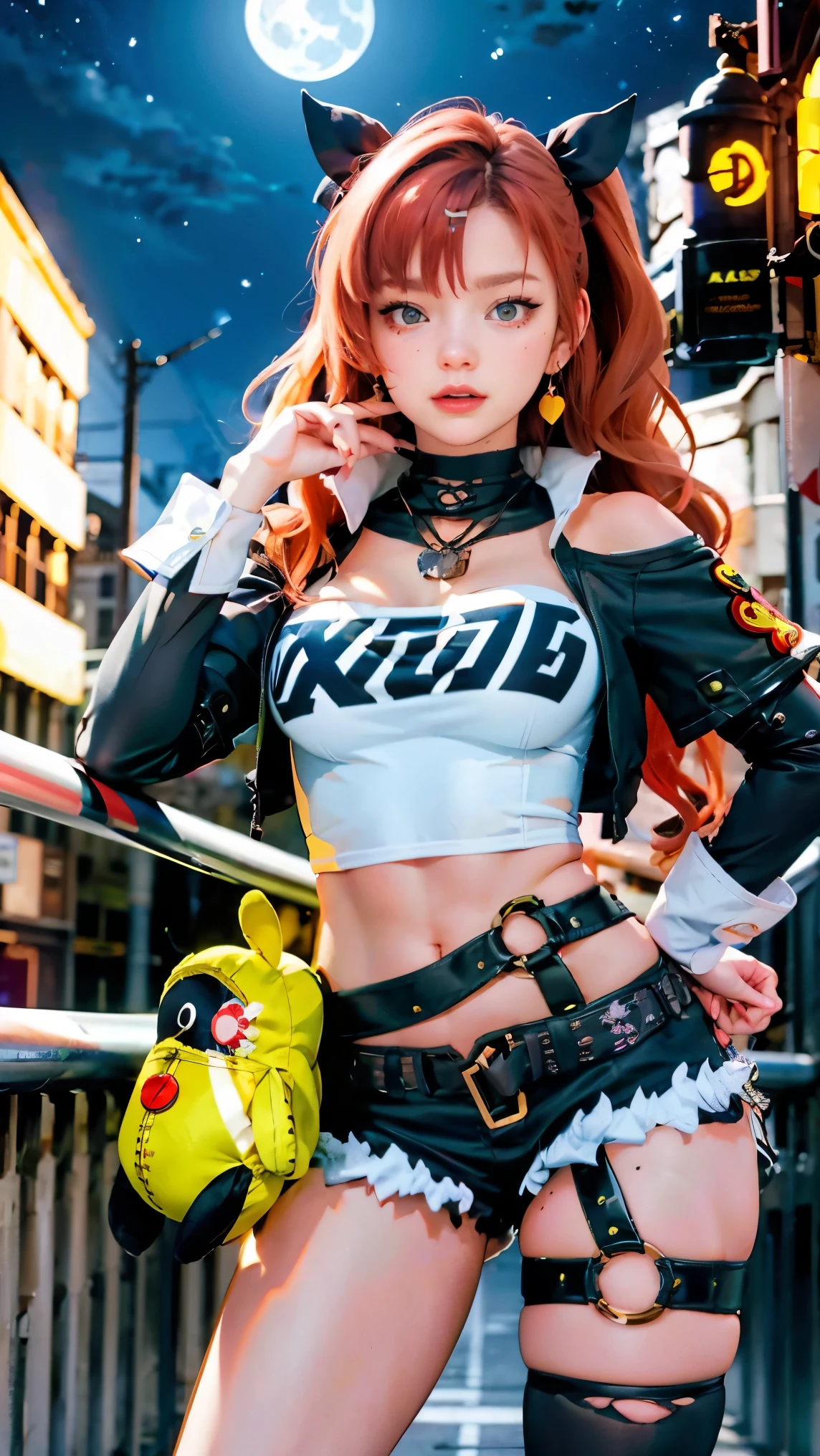 masterpiece, best quality, ultra-detailed, extremely detailed,illustration, 1girl, nicole demara, hair ribbon, hairclip, earrings, black collar, tube top, single thighhigh, short shorts, cropped jacket, belt, thigh strap, detached sleeves, doll, standing, hand on hip, cowboy shot, night street, moon 