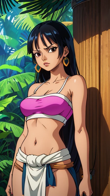 (1girl, chel_eldorado), (extremely detailed CG unit 8k wallpaper),(master part), (best quality), (ultra detail), (best illustration),(One Piece Style), cowboy shot, (Sharp eyeliner, ombre, detailed eyes:1), exotic jungle background, break , upper body, (tube top,midriff, loincloth:1.2)