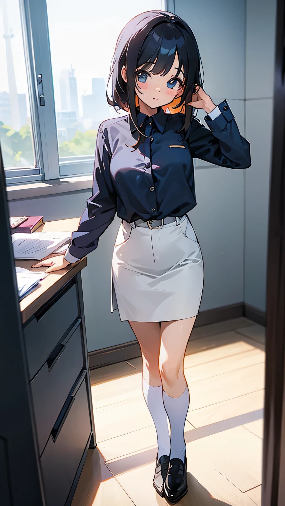 Cute girl standing on relling in office uniform