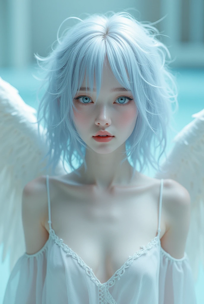 androgynous person Angel Wings Her skin is white and her lips are pale pink The eyes are light blue and clear. Clothing that doesn't reveal much skin Her hair is silver with some blue mesh