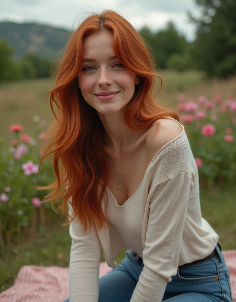 (masterpiece, best quality, high quality, highres, ultra-detailed) An OverallDetail  cinematic color digital photograph of a 20 years old, 36B Cup,  gorgeous appealing amative red haired woman [Marilyn Monroe : Maude Adams : 0.50] looking at viewer gently, outdoor romantic dating, ornated (long sleeve t-shirt outfit and blue jeans trouser:1.2), (light laugh:1.2), sit on picnic mat in an (outdoor:1.2) flower garden with beautiful scene view, detailed face, insanely detailed and intricate, crisp sharp and clear, volumetric lighting, ultra-high resolution, masterpiece photography work of Annie Leinovitz, insanely detailed and intricate, centered, professional Lightroom Color Grading by Kenneth Hines Jr.